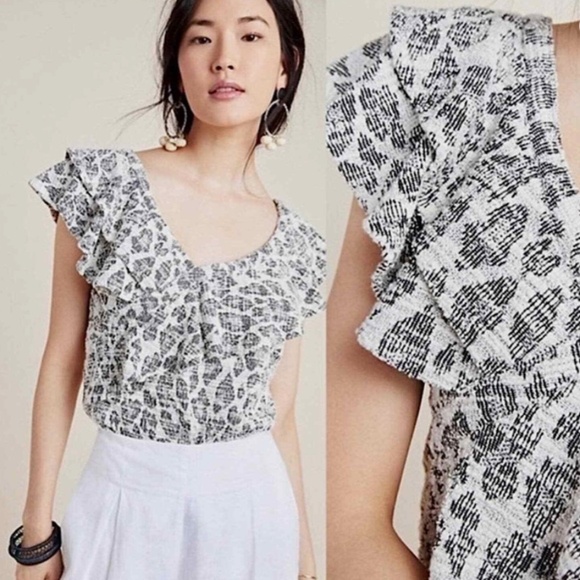 Anthropologie Dolan Left Coast Asymmetrical Ruffle Blouse Black White Sz M - EUC - Picture 1 of 6